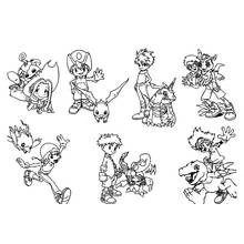 Digimon children with their partner Digimon coloring page