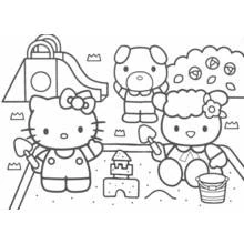 Hello Kitty playing in the sandbox with friends coloring page