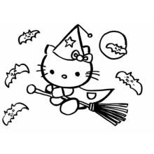 Hello Kitty flying on a witch's broom coloring page