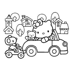 Hello Kitty driving a car with her teddy bear coloring page