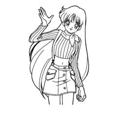 Manga girl waving with long hair coloring page