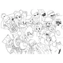 Naruto and friends gathered together coloring page