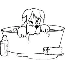 Wet dog taking a bath in a tub coloring page