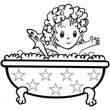 Child playing with a shark toy in the bathtub coloring page