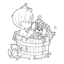 Child bathing puppy in wooden tub coloring page