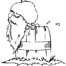 Furry animal peeking over a wooden barrel coloring page