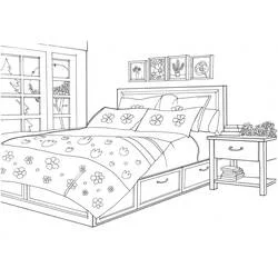 Bedroom with flower-patterned bedding coloring page