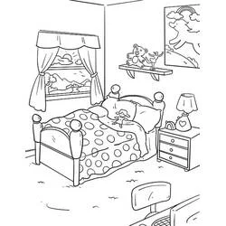 Cozy bedroom with canopy bed and toys coloring page