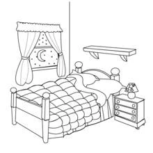 Cozy bedroom with quilted bed coloring page