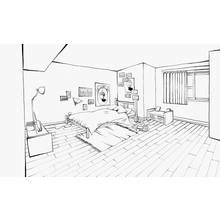 Cozy bedroom with bed and posters coloring page