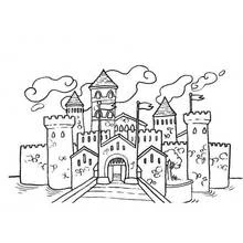 Castle with towers and drawbridge over water coloring page