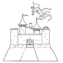 Castle with dragon flying above the towers coloring page