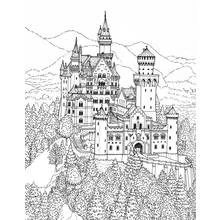 Grand castle perched on a mountain hill coloring page