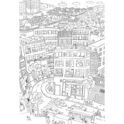 Detailed city street with houses and shops coloring page