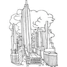 Skyline of tall skyscrapers with clouds coloring page