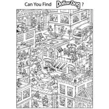 Busy city street with hidden dog search coloring page