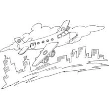 Passenger airplane flying over city buildings coloring page