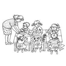 Teacher helping children with a craft activity coloring page