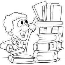 Boy picking a book from the shelf coloring page