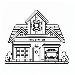 Fire station with truck parked inside coloring page