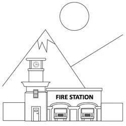 Fire station with clock tower and mountain coloring page