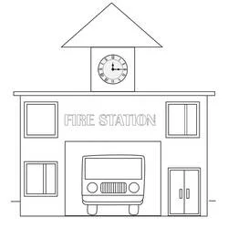Fire Station with clock tower and truck coloring page