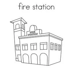 Fire station with tower and arched doors coloring page