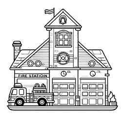 Fire station with bell tower and clock coloring page