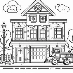 Two-story fire station on a street coloring page