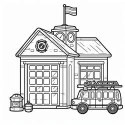 Fire station with truck and clock tower coloring page