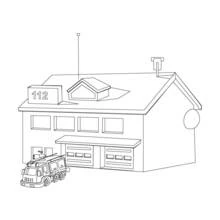 Fire station with truck parked outside coloring page