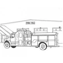 Fire truck parked in front of the fire station coloring page