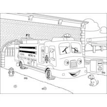 Fire truck with a friendly face parked outside station coloring page