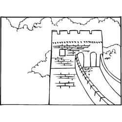 Stone watchtower with arched doorways and clouds coloring page