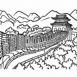 Pagoda-roofed watchtower with curved foliage coloring page
