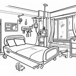 Empty hospital room with bed coloring page