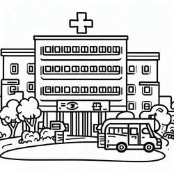 Hospital building with ambulance coloring page