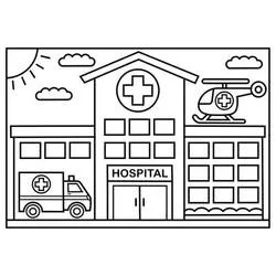 Hospital building with ambulance and helicopter coloring page