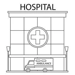 Hospital building with ambulance parked outside coloring page