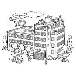 Hospital building with helicopter and ambulance coloring page