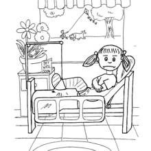 Girl with a leg cast resting in a hospital bed coloring page