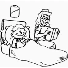 Nurse visiting a child patient in hospital bed coloring page