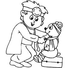 Little doctor examining a teddy bear patient coloring page