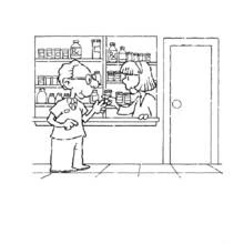 Pharmacist handing medicine to a patient coloring page