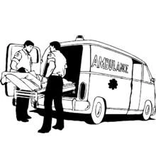 Paramedics pushing stretcher toward ambulance doors coloring page