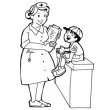 Nurse examining a young boy patient coloring page