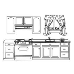 Kitchen with cabinets, stove and curtained window coloring page