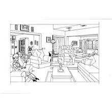 Woman reading in a cozy living room coloring page