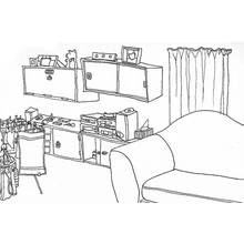 Living room with cabinets and curtain coloring page