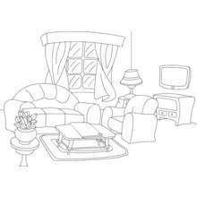 Cozy living room with sofa and window coloring page